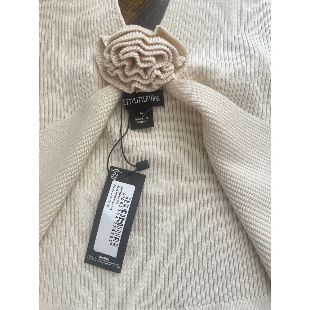 PrettyLittleThing Cream Rib Knit Halter Rosette Top NWT Size M - Picture 3 of 4